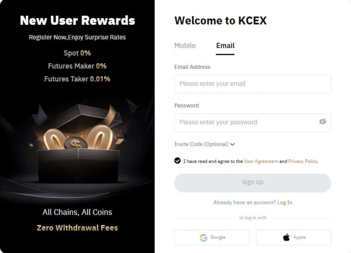 صفحه ثبت نام در صرافی KCEX