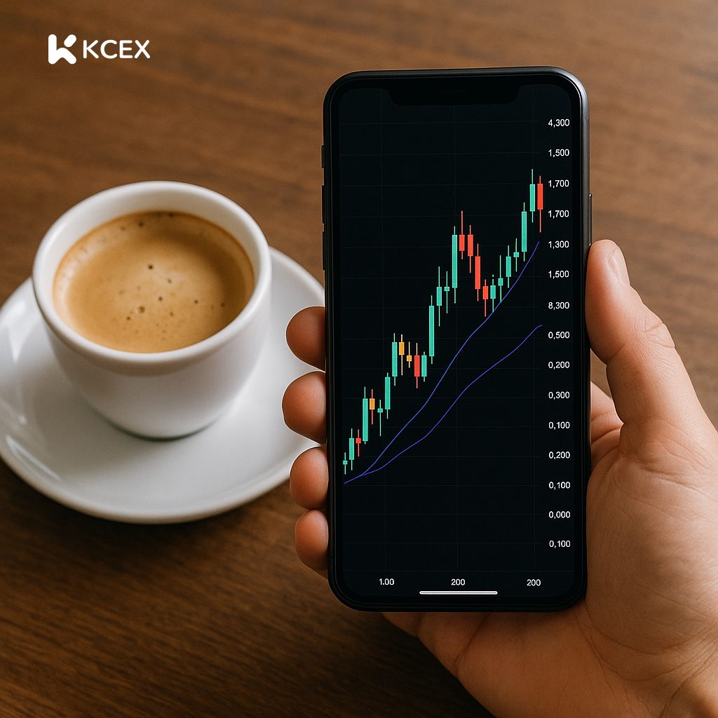 صحنه‌ای از تجربه معاملاتی کی سی ای ایکس با قهوه و کندل‌های سبز