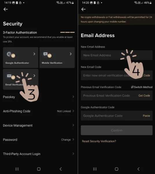 آموزش تغییر ایمیل در صرافی kcex با موبایل